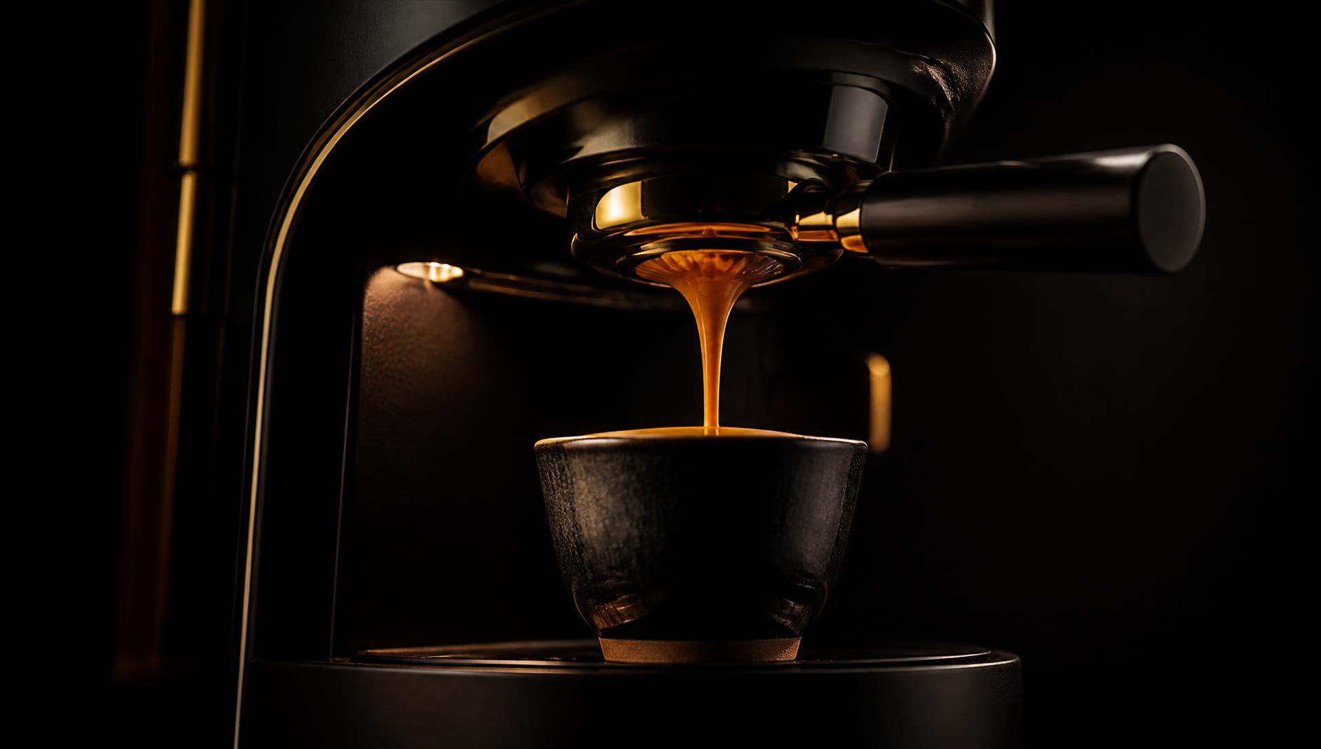 Espresso extracting into a dark ceramic cup under warm gold light
